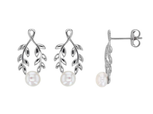 boucles oreilles perle eau douce feuilles argent rhodie lvl