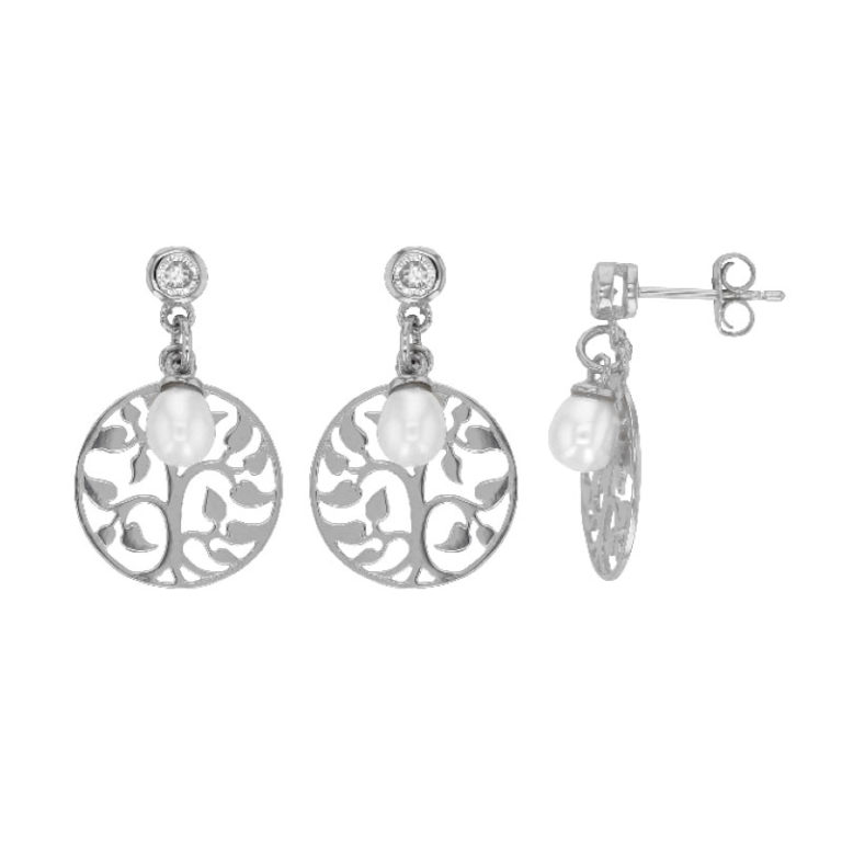 boucles oreilles perle eau douce rondes arbre de vie argent rhodie lvl