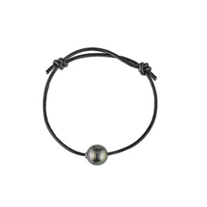 bracelet cordon cuir noir perle de tahiti cerclee ajustable lvl N