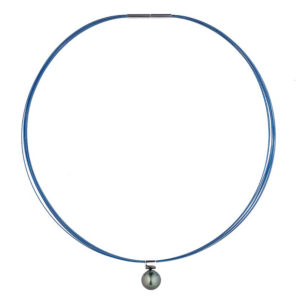 collier acier bleu avec perle de tahiti ronde fermoir baionnette lvl B