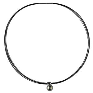 collier acier noir avec perle de tahiti ronde fermoir baionnette lvl N